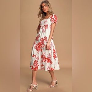 Lulu’s Floral Print Tiered Midi Dress. Size Med